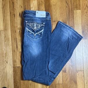 Grace Women's Dark Blue Flare Jeans with Embroidered Pocket